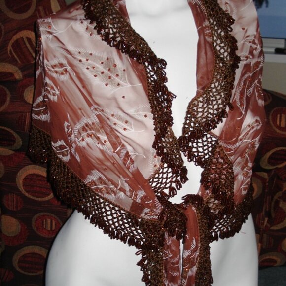 Heavy Beaded Shawl, Leaf Design, Brown Rust Color Rhinestones, Ladies Wrap Scarf - Picture 3 of 10
